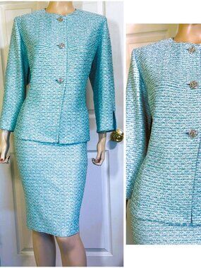 Gorgeous St John Teal ~ Silver Skirt & Jacket Suit Mother of the Bride sz 16